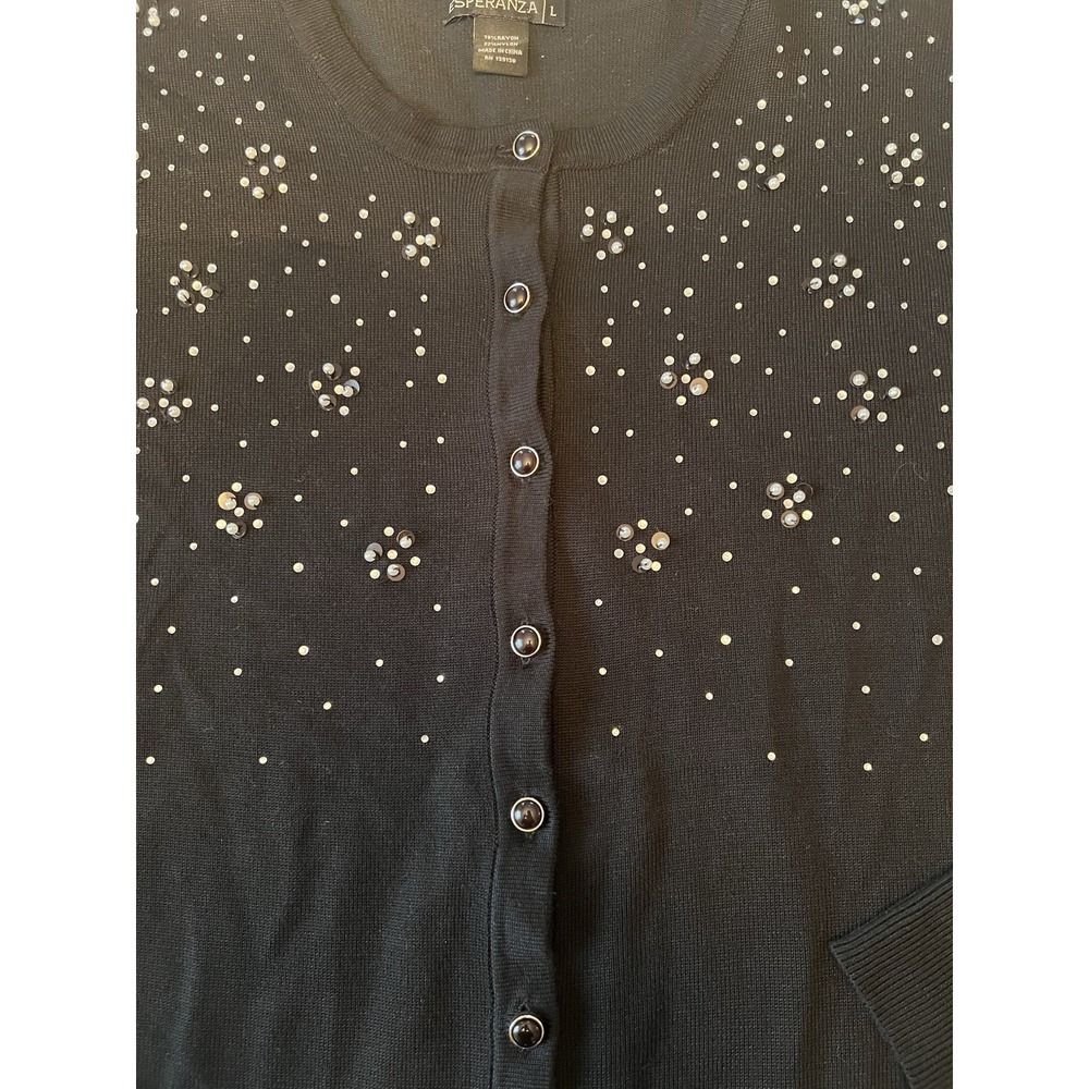 Esperanza Black Pearl Embellished Button Front Cardigan Sweater Womens Large‎ L - Picture 2 of 4